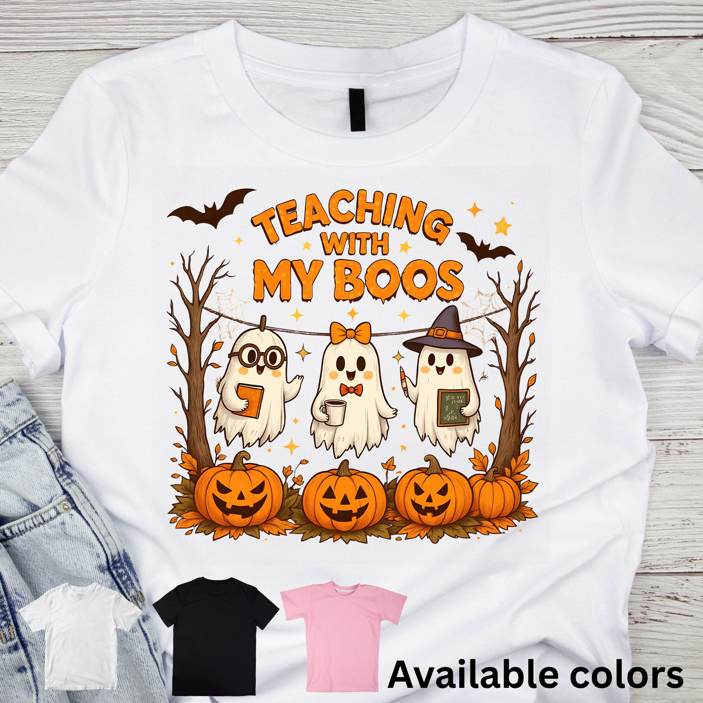 Teaching With My Boos Halloween Teacher Shirt – Cute Ghosts & Pumpkins Tee
