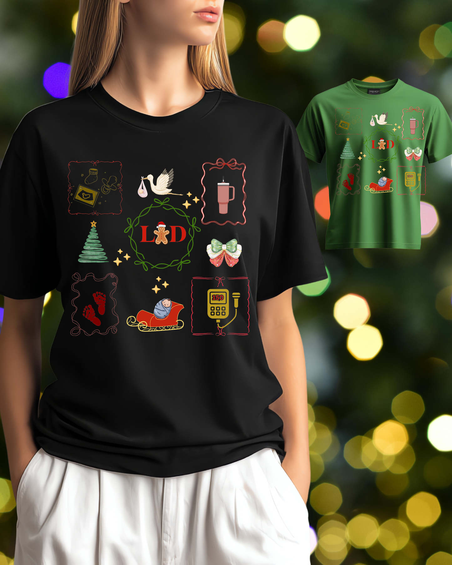 &D Christmas Icons Shirt – Labor & Delivery Nurse Holiday Tee | Nurse Christmas Top