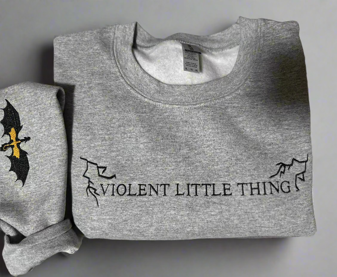 Violent Little Thing Embroidered Sweatshirt with Dragon Sleeve Print Crewneck Bookish Sweater Fourth Wing Iron Flame Fan Gift Sweater