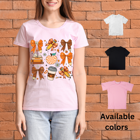 Fall Teacher Shirt with Bows & Coffee – Bella + Canvas Autumn Graphic Tee