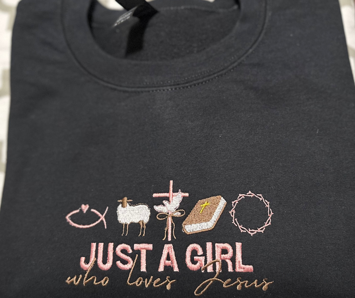 Liz Creations: Just a girl who loves Jesus, crewneck sweatshirt.