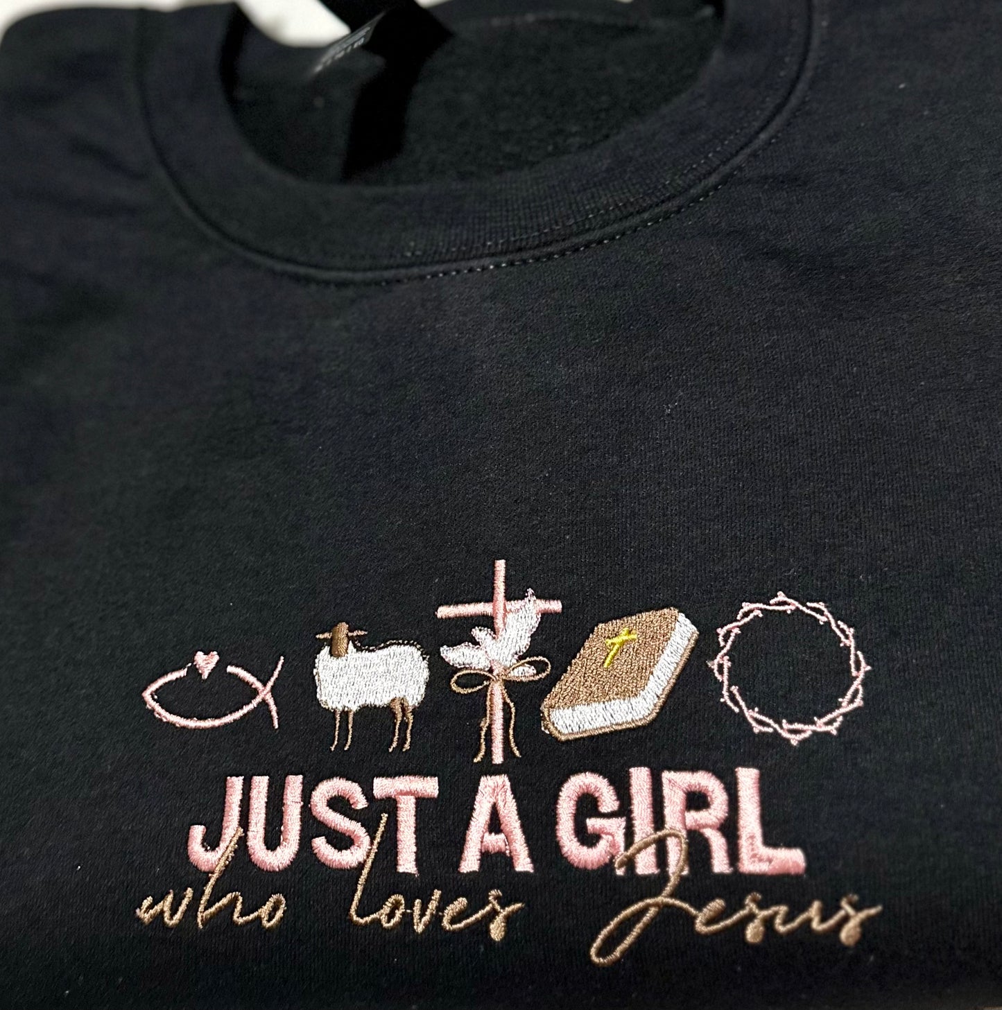 Liz Creations: Just a girl who loves Jesus, crewneck sweatshirt.