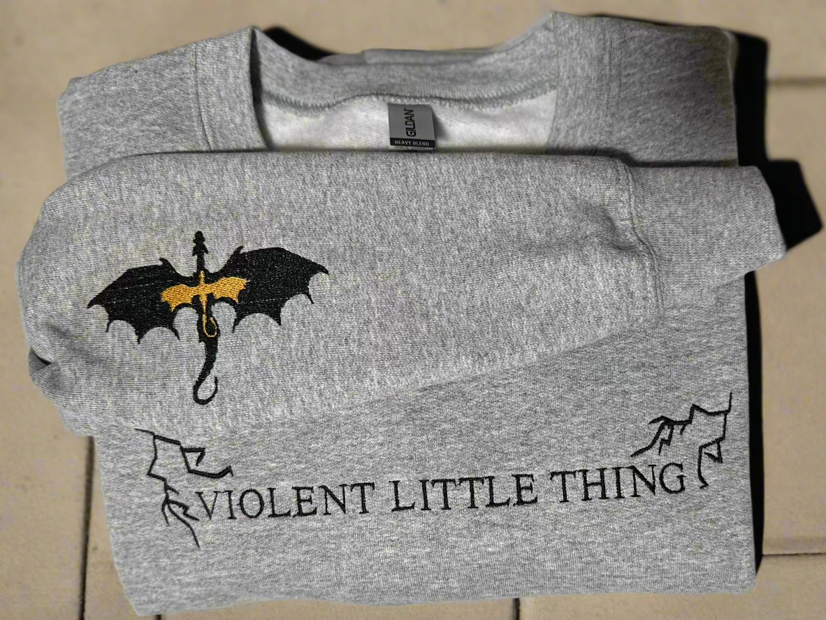 Violent Little Thing Embroidered Sweatshirt with Dragon Sleeve Print Crewneck Bookish Sweater Fourth Wing Iron Flame Fan Gift Sweater