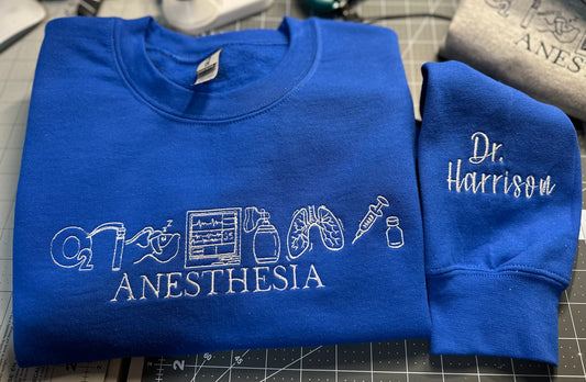 Personalized Anesthesia Sweatshirt – Embroidered Medical Crewneck with Custom Name on Sleeve