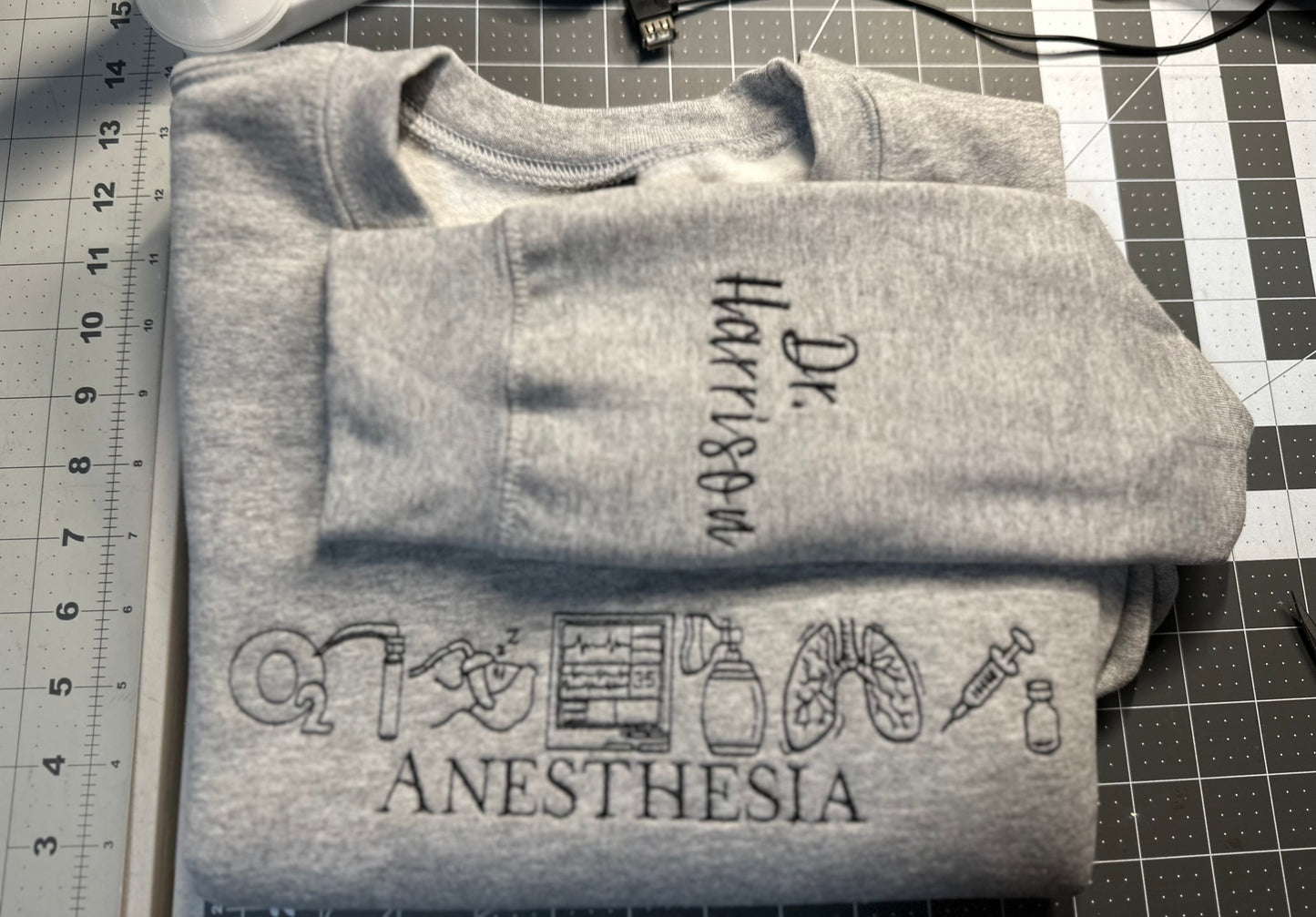 Personalized Anesthesia Sweatshirt – Embroidered Medical Crewneck with Custom Name on Sleeve