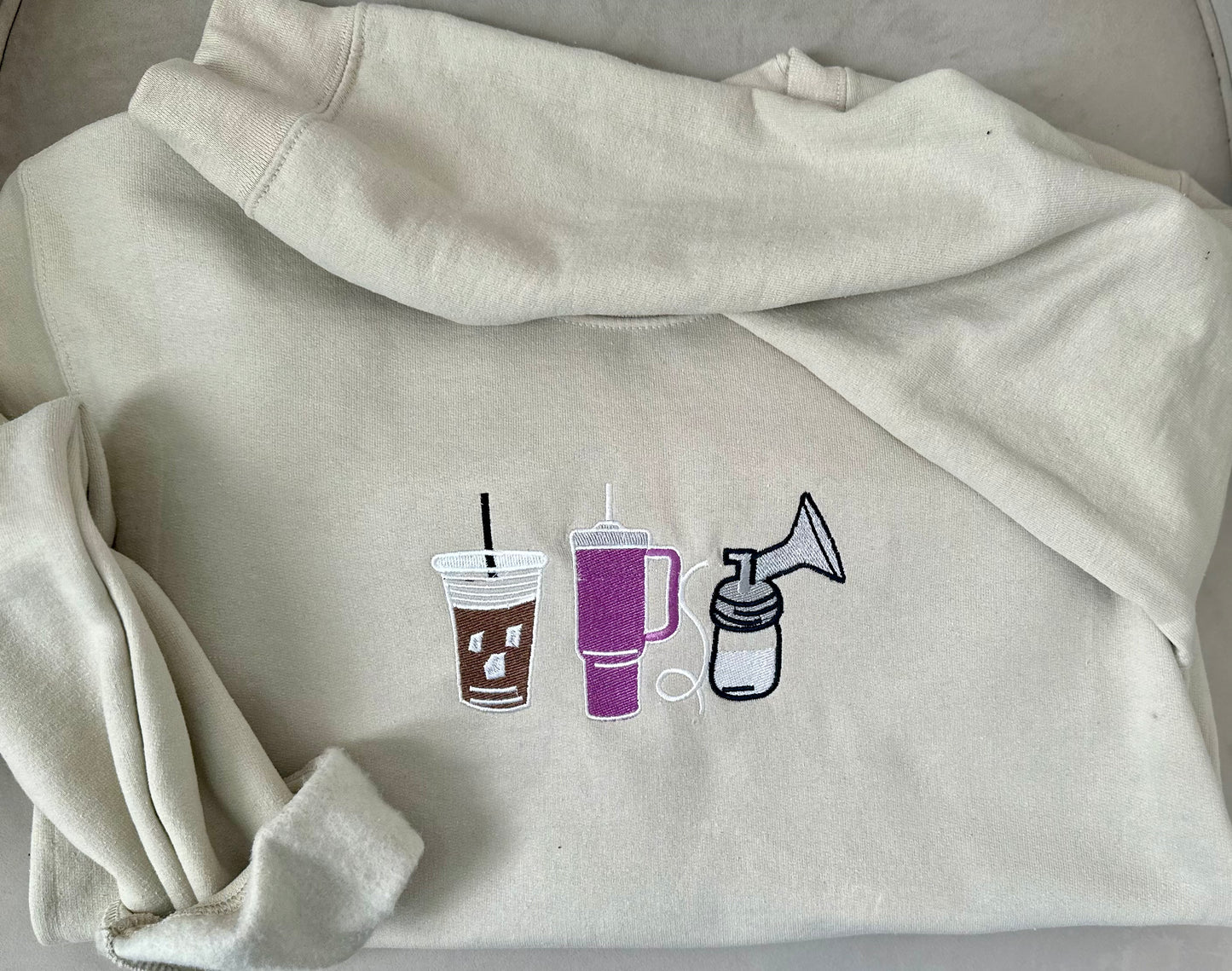 Liz Creations: Pumping mama trio, coffee, tumbler, pumping crewneck Embroidered Sweatshirt.