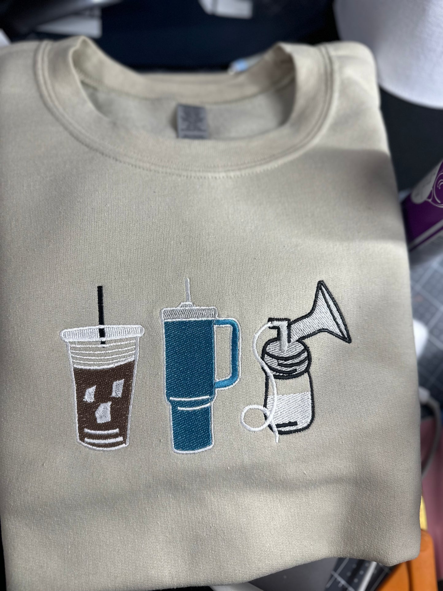 Liz Creations: Pumping mama trio, coffee, tumbler, pumping crewneck Embroidered Sweatshirt.